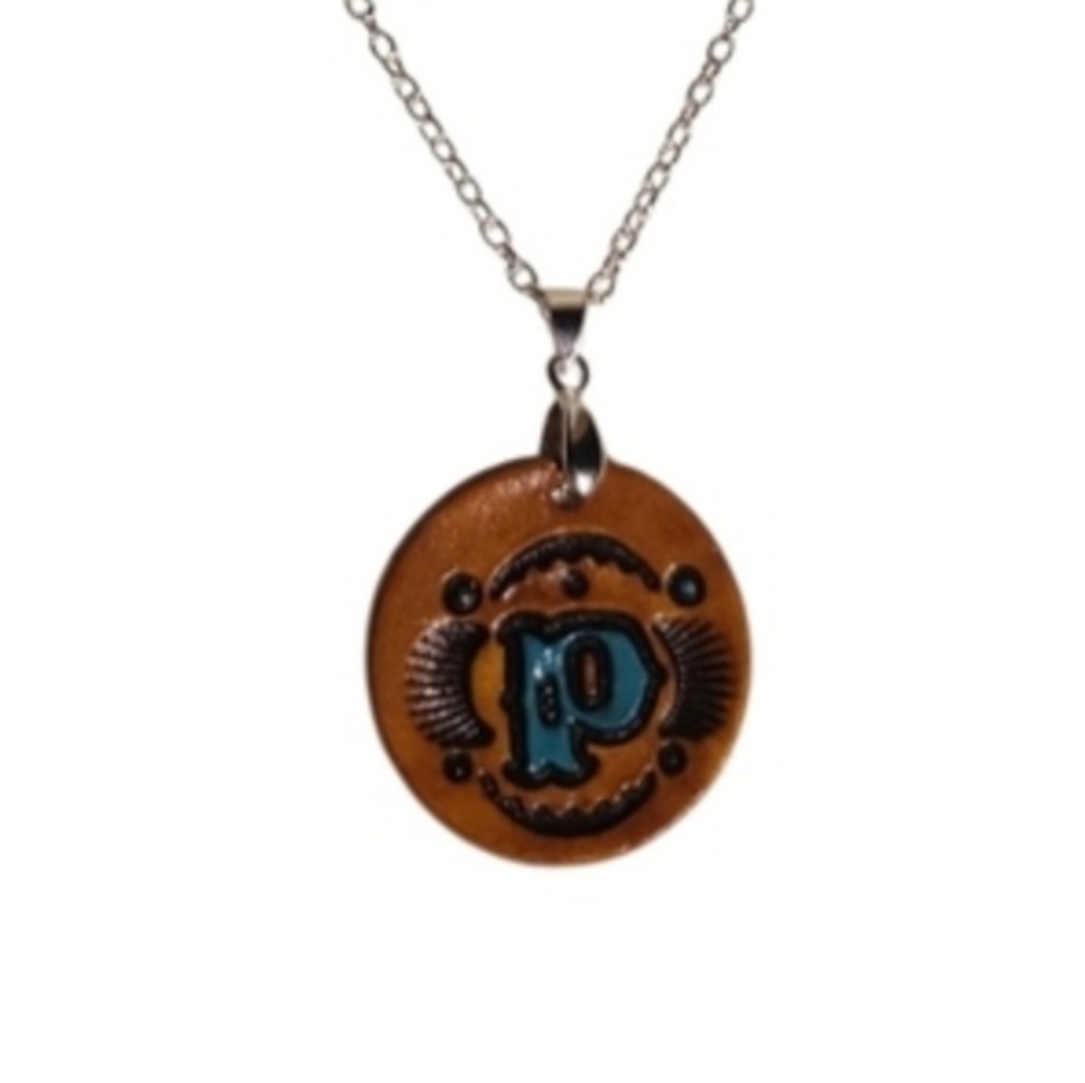 Tooled Leather Monogram Initial Necklace Letter P Handmade
